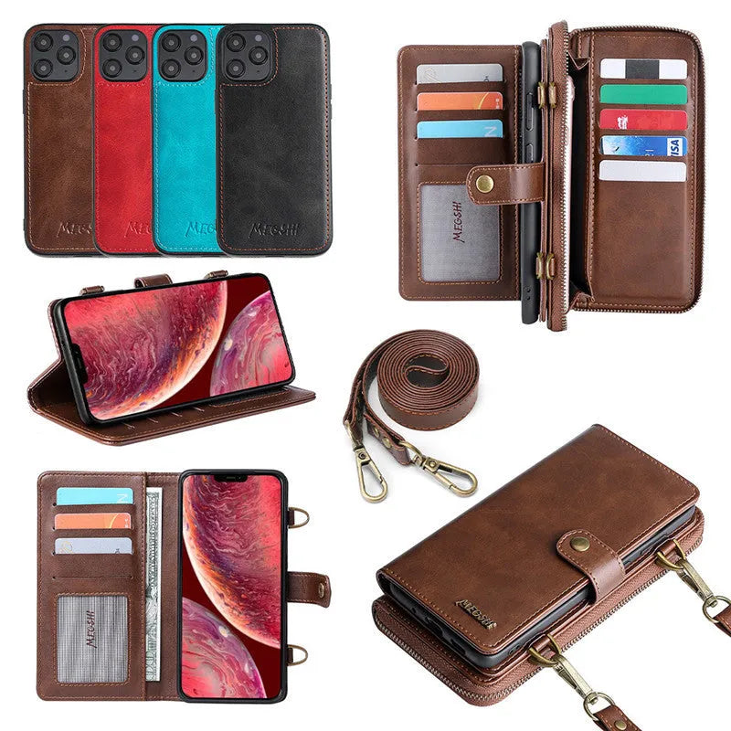 Detachable leather wallet phone case in black, shown fitted on an iPhone 12 Pro Max.