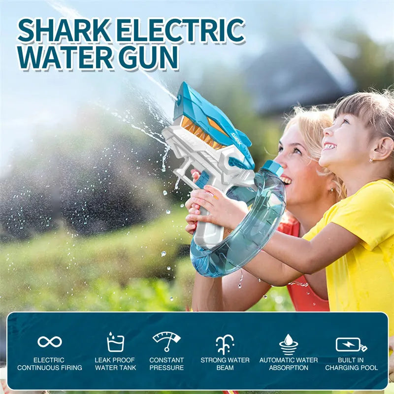 Blue electric shark water gun toy with automatic continuous fire system for outdoor summer water play