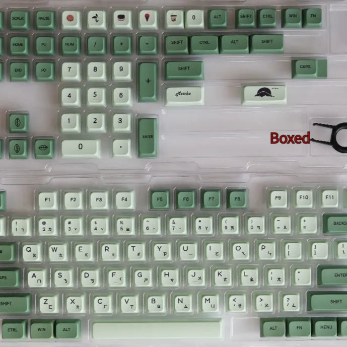124-key matcha green PBT keycap set showing multiple international language layouts including Arabic and Korean.