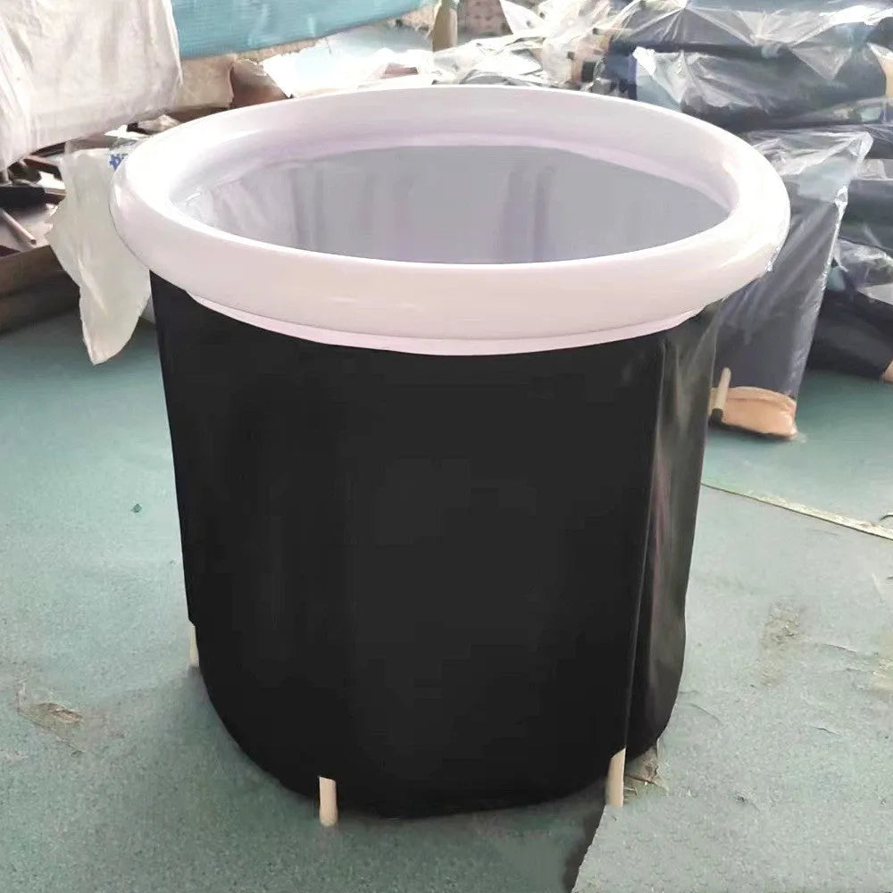 Black portable inflatable ice bath measuring 70x80cm with weather lid and accessories