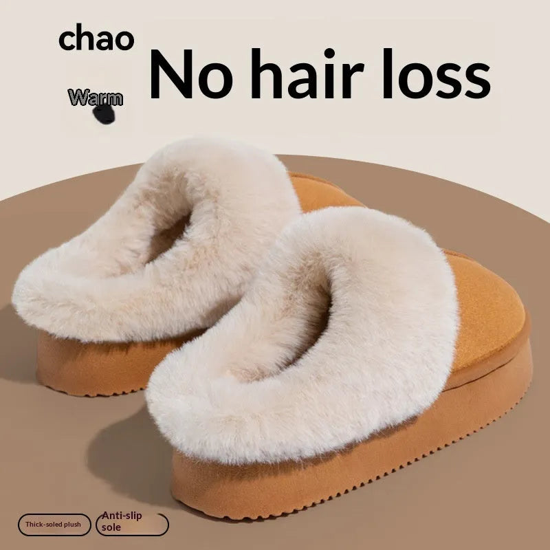 Indoor couple slippers with suede upper, thick EVA sole, and velboa lining in beige colour