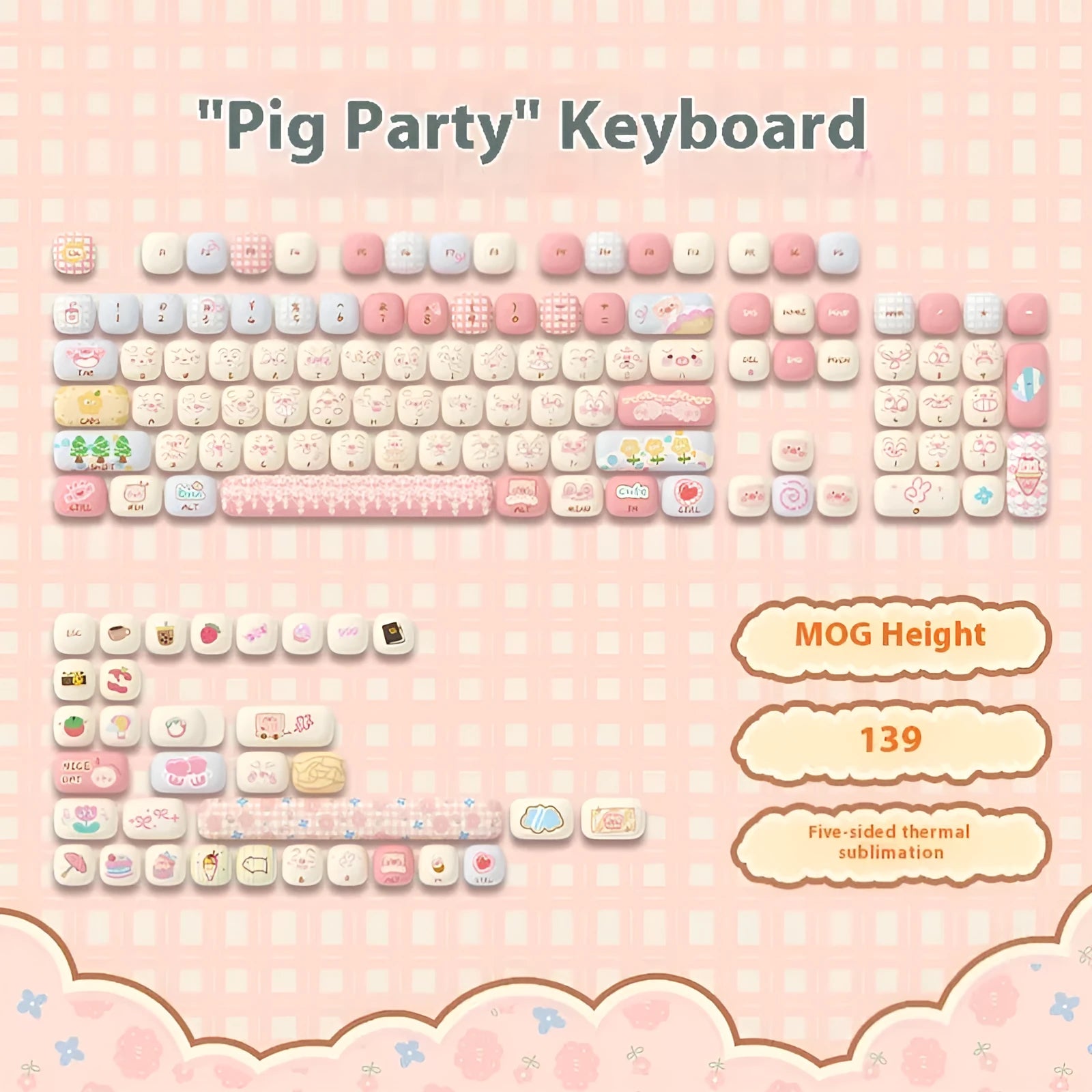 Full set of colourful cartoon pig party themed keycaps for mechanical keyboards
