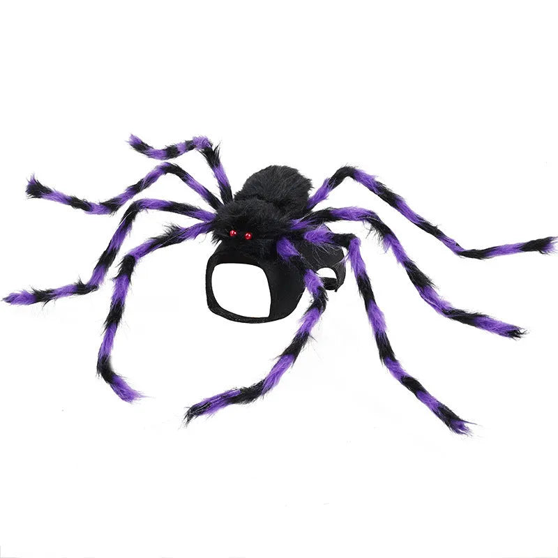 Grey, brown, and black with purple big spider costume for a dog or cat on a white background.