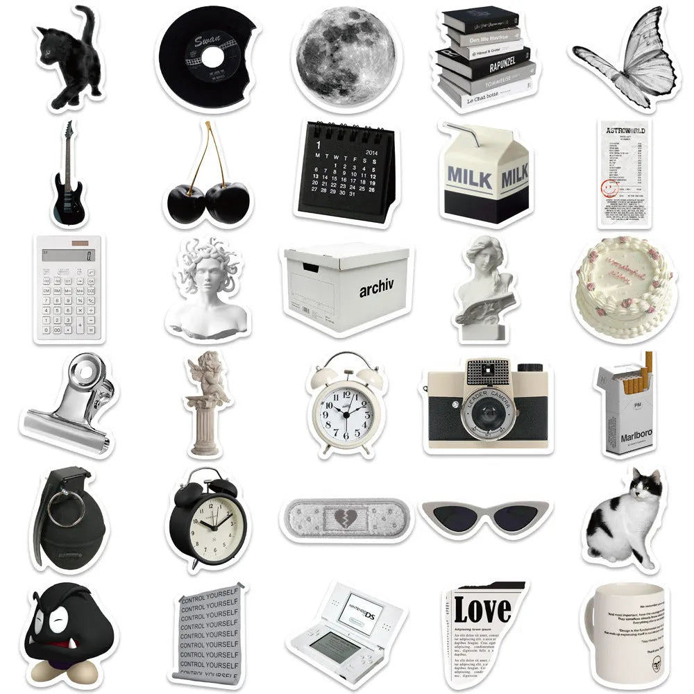 61-piece black and white waterproof PVC sticker set for laptops, phones, and cups.