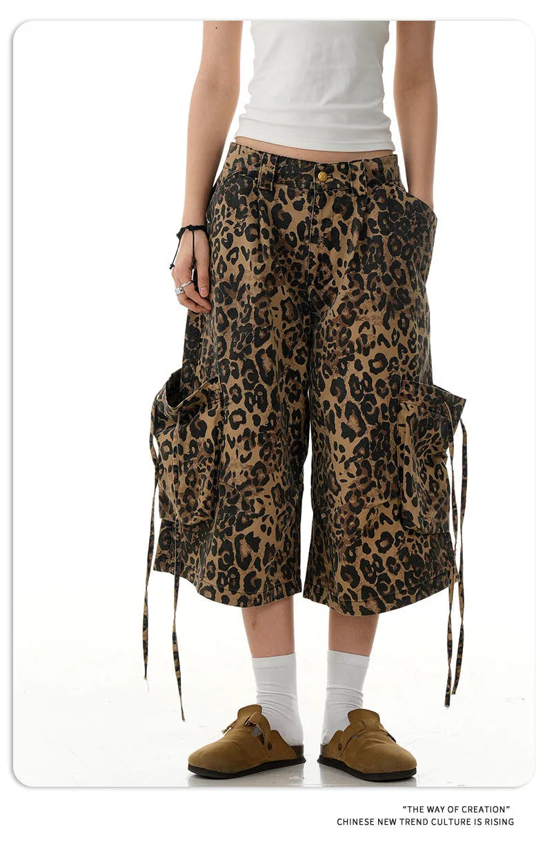 Women's high waist cotton leopard print cropped pants with button front cardigan opening