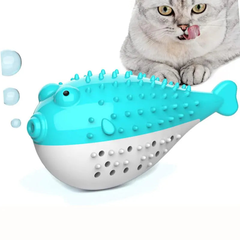 Blue silicone fish-shaped cat chew toy on a white background.