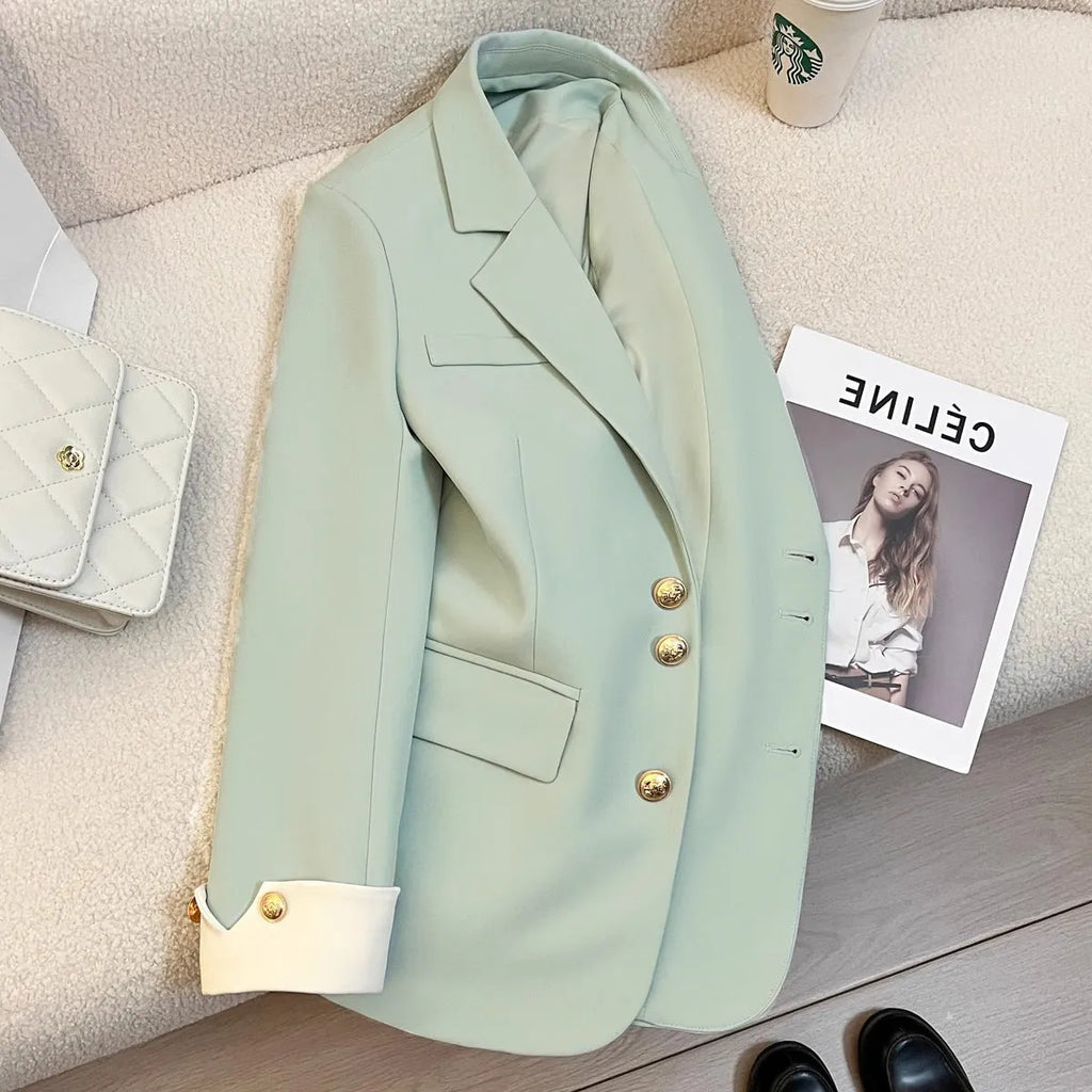 Korean style women's polyester coat in beige with pockets and loose fit design