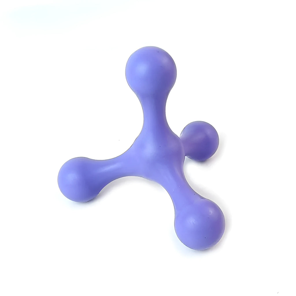 Blue silicone dog chew toy shaped like a bone with three legs, shown next to a small puppy.