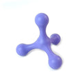 Blue silicone dog chew toy shaped like a bone with three legs, shown next to a small puppy.