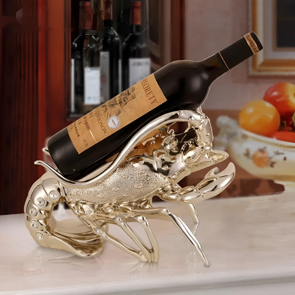 Lobster-shaped wine rack ornament in rose gold or silver holding wine bottle