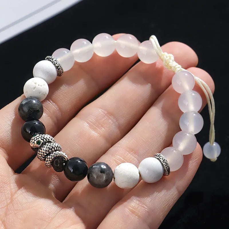 Handmade adjustable agate couple bracelet in black or white with turquoise accents and snake chain
