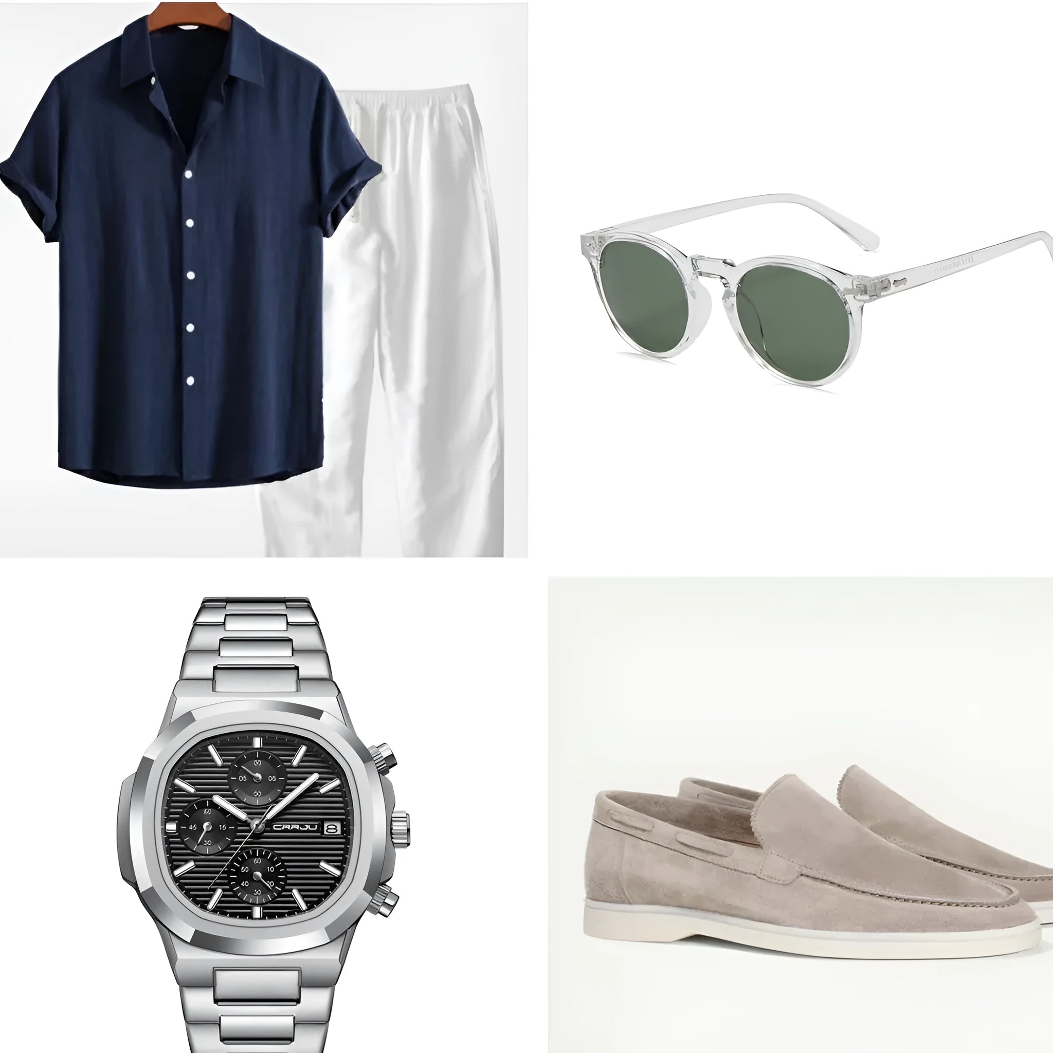 A navy blue loose-fit cotton linen short-sleeve suit for summer, shown with glasses, shoes, and a watch.