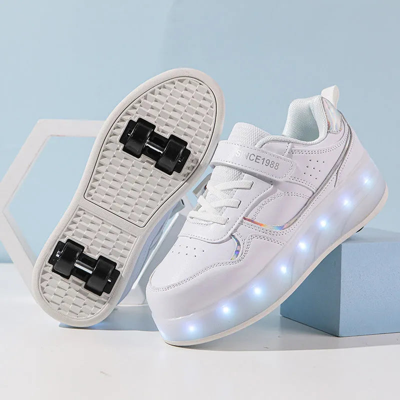 Boys and girls charging flash roller skates with LED lights in multiple colours and wheel configurations