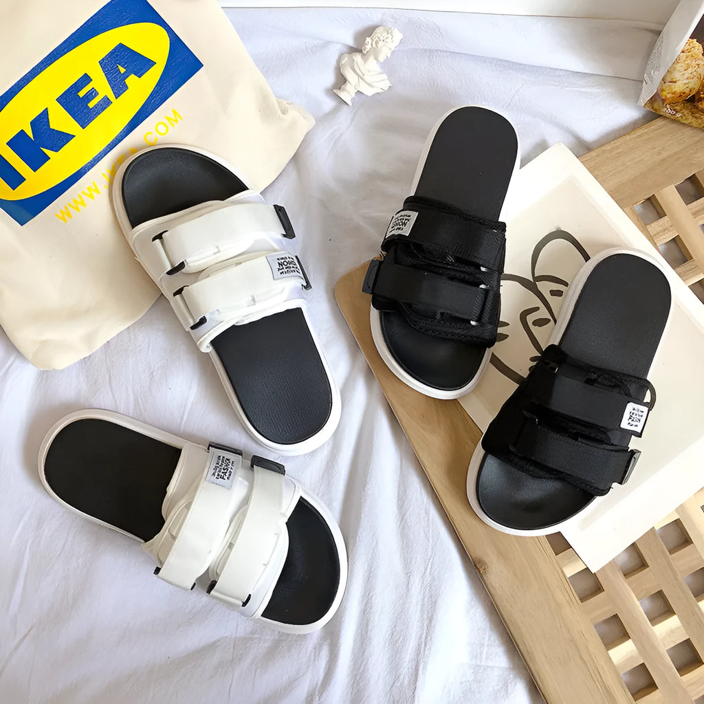 Men's canvas sports sandals with hook-and-loop closure in black and white, available in six sizes from UK 35-36 to 45-46.