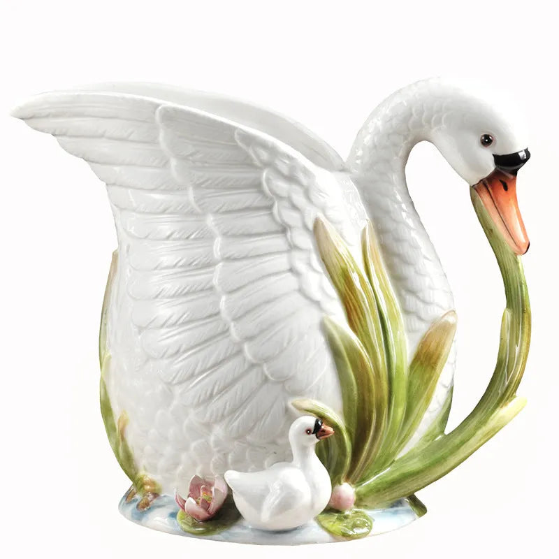 Ceramic swan vase with all-over embossed pattern, 24cm long, 15cm wide, 20cm tall, pastoral style home decoration