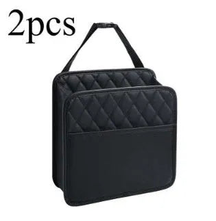 Leather car interior hanging storage bag in black colour showing door pocket mounting