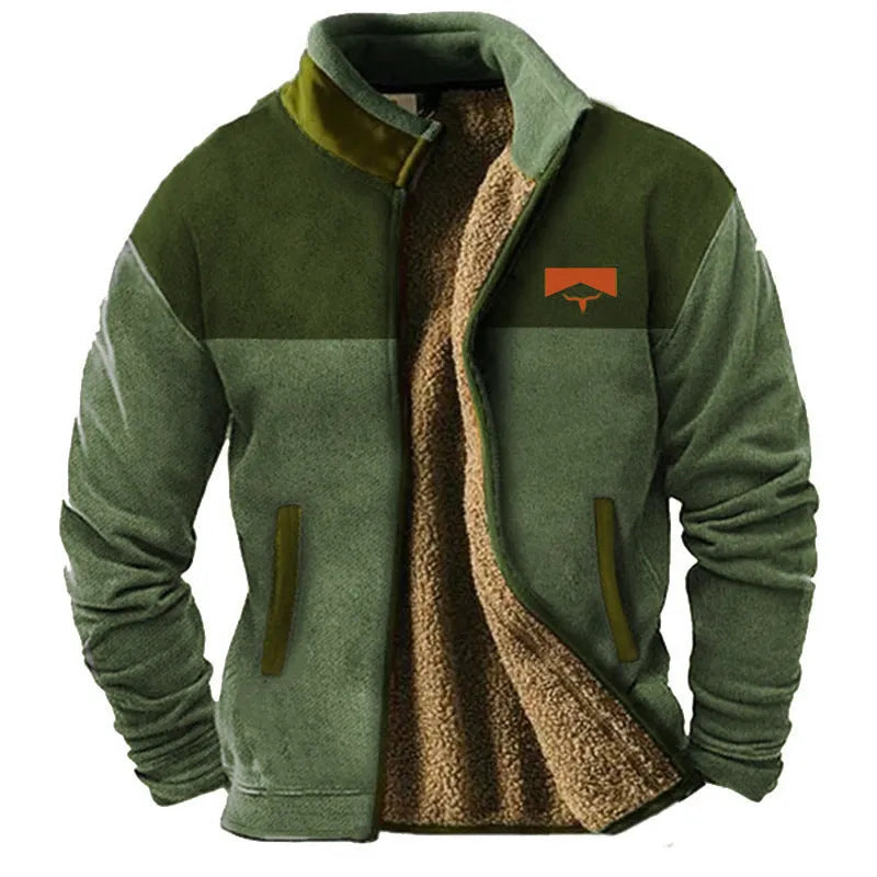 Men's green polyester padded coat with a regular fit and fleece lining on a hanger.