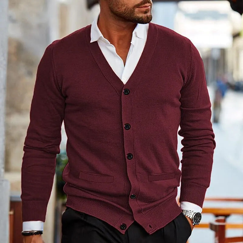 Men's double-sided pocket acrylic slim fit V-neck cardigan in black, front view