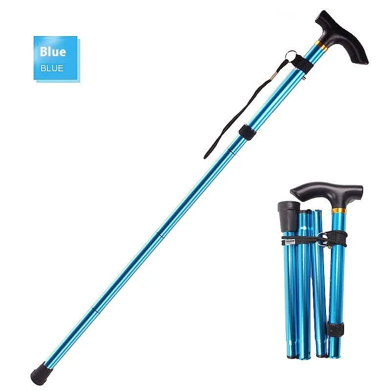 Aluminium alloy folding walking cane extended, showing adjustable sections and non-slip tip.