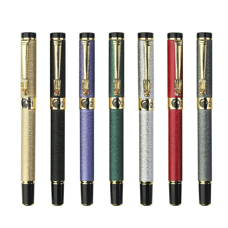 Metal fountain pen with iridium nib shown in one of seven colours: black, gold, green, grey, purple, red, or silver.