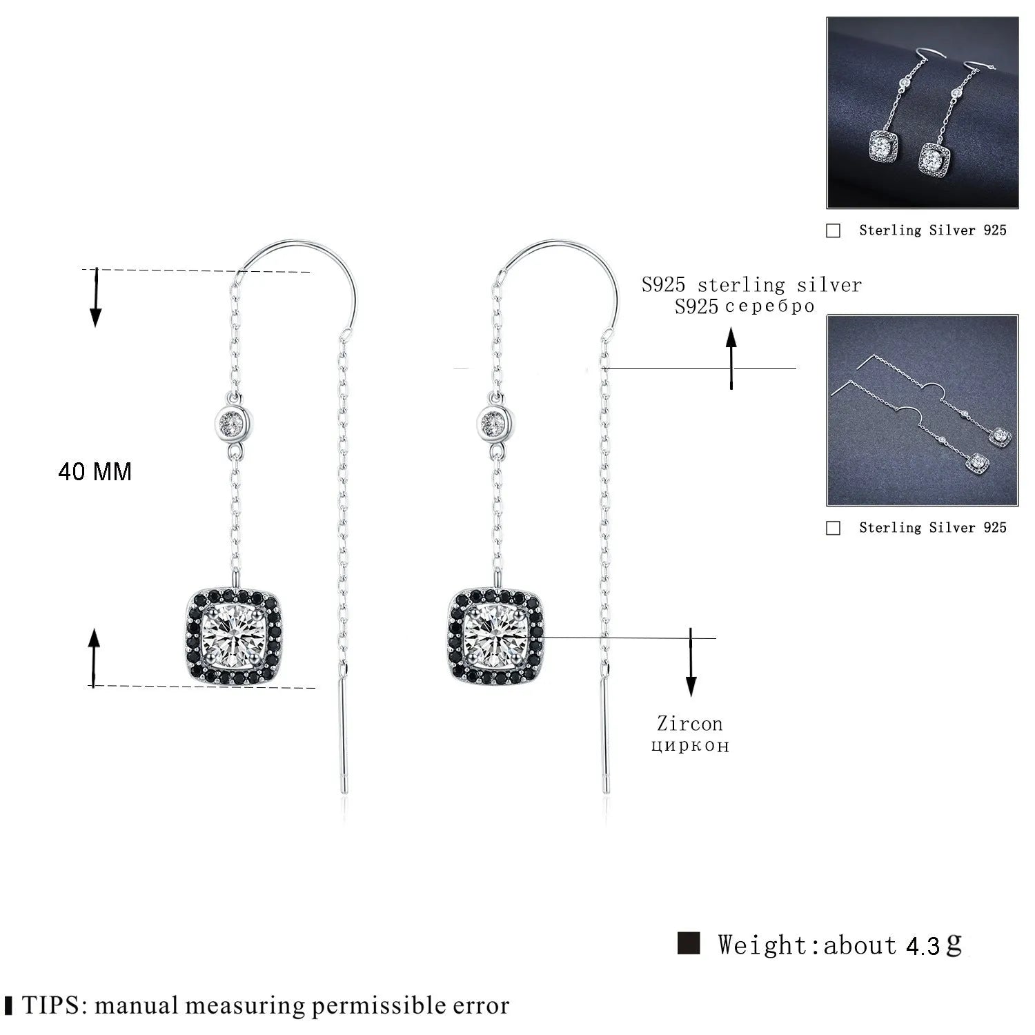 Light luxury long copper plated zircon earrings in fresh sweet natural style for women, black and silver colour options