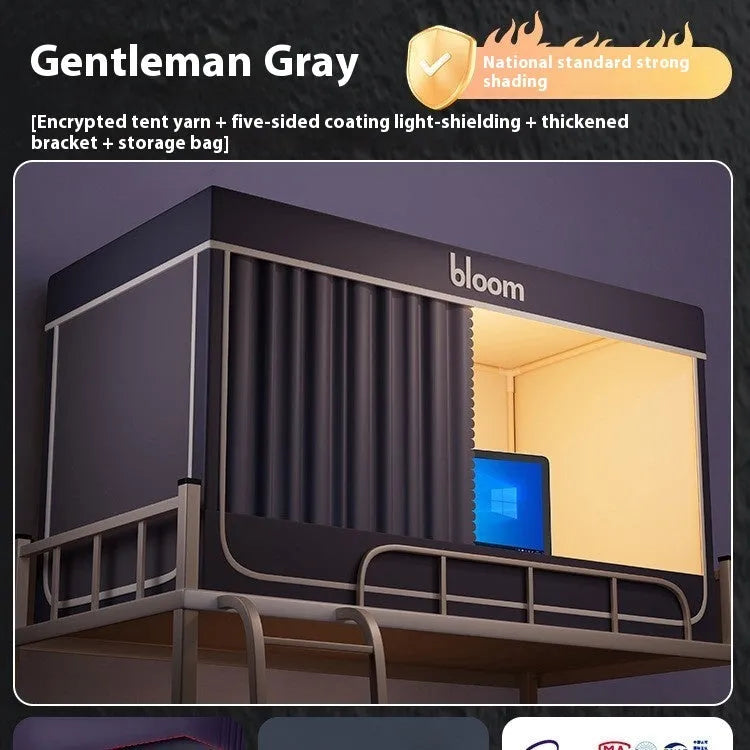 Grey bed curtain with integrated mosquito net for 0.9m single bed showing light blocking design