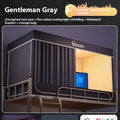 Grey bed curtain with integrated mosquito net for 0.9m single bed showing light blocking design