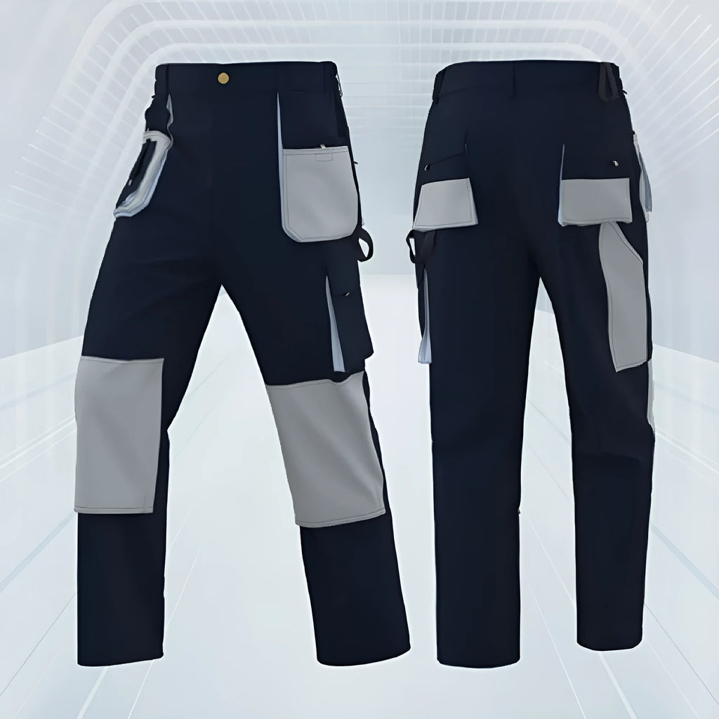 Men's multi-pocket hard-wearing polyester shorts in green grey with multiple pockets, side view