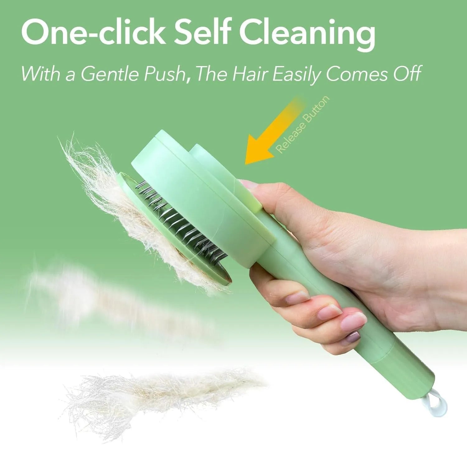 Green and yellow pet grooming brush with stainless steel comb for cats and dogs, showing hanging loop and curved teeth design