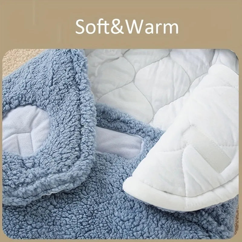 Baby wearing a grey adjustable fleece swaddle sleep sack with velcro wings