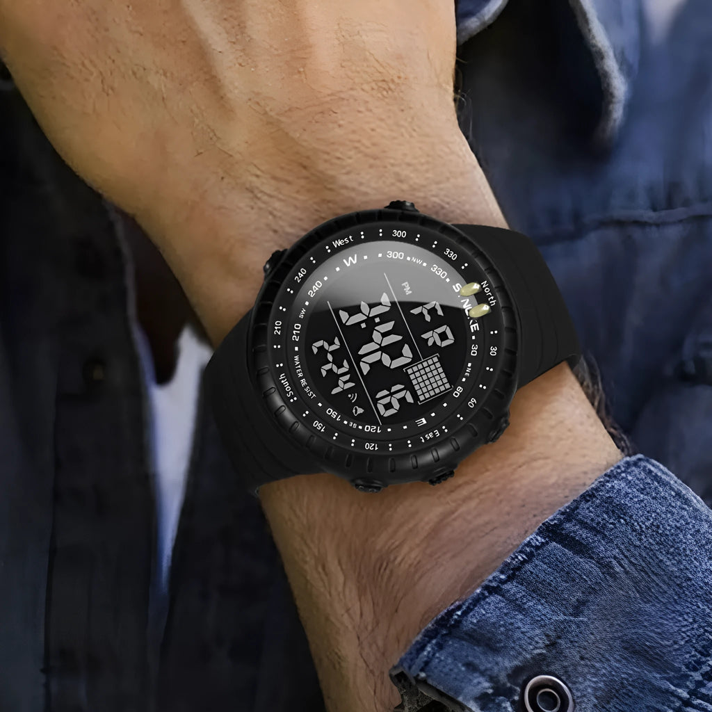 Black men's outdoor electronic watch with a large round dial on a PU strap, showing water resistance.