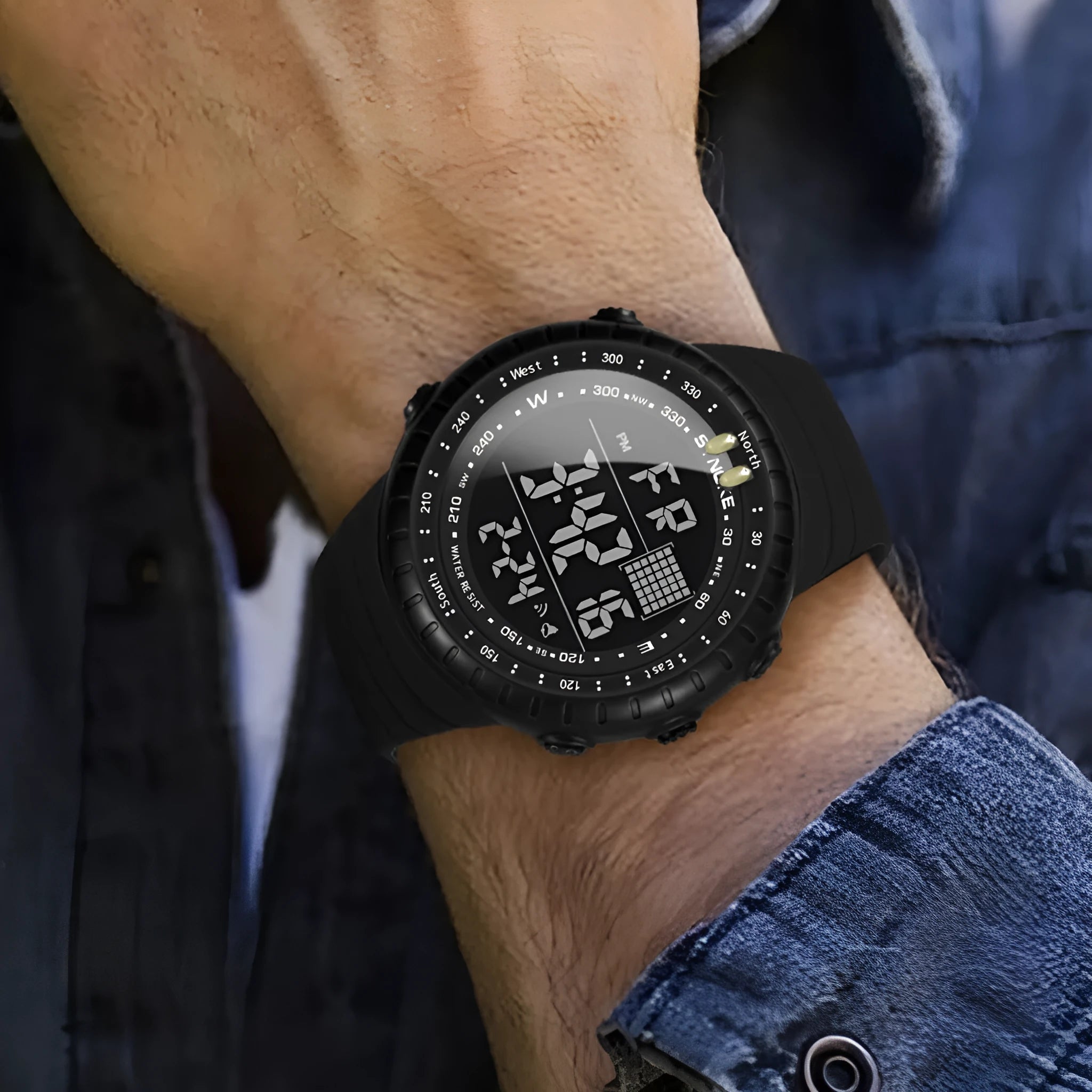 Black men's outdoor electronic watch with a large round dial on a PU strap, showing water resistance.