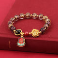 Lotus Blessing Card bracelet with 8mm glass beads, fragrant grey glaze, and gold foil electroplated accents