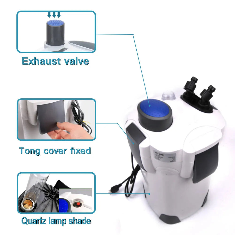 HW-304B external canister filter with UV lamp for aquarium water purification, black plastic and metal construction