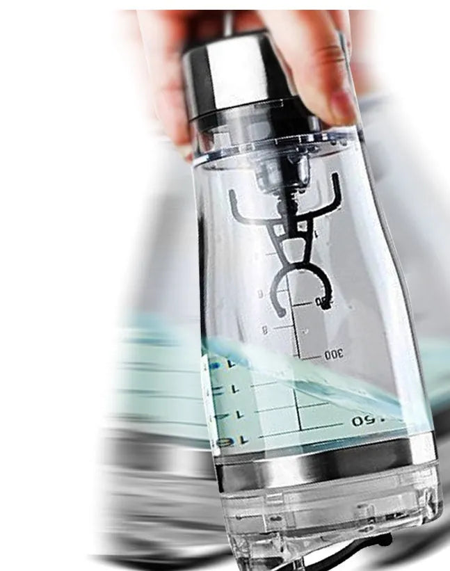 Stainless steel colour USB rechargeable electric shaker bottle with 600ml capacity.