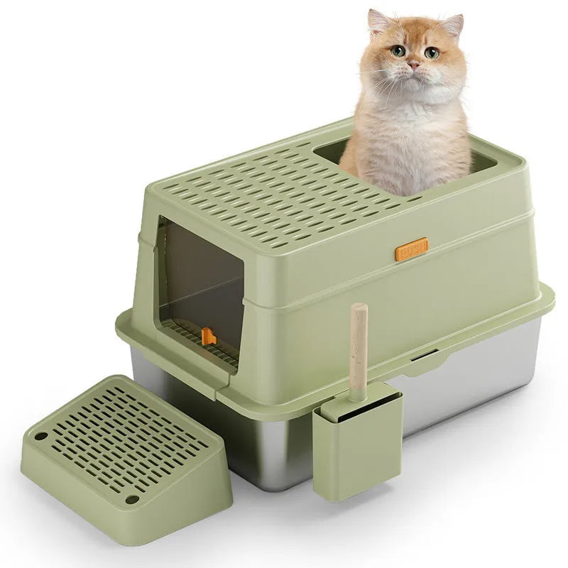 Grey ABS plastic enclosed cat toilet with pedal entry and stainless steel waste bin