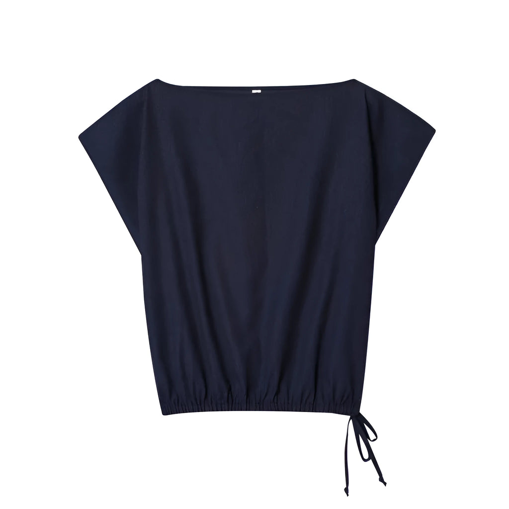 Women's linen-blend two-piece clothing set with a flounce-sleeve top and wide-leg trousers.