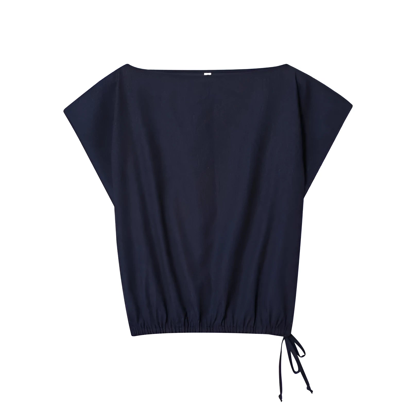 Women's linen-blend two-piece clothing set with a flounce-sleeve top and wide-leg trousers.