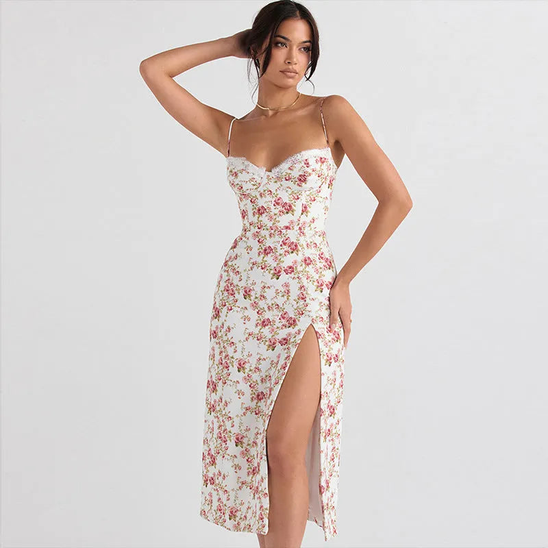 Women's lace flowers print long dress with adjustable suspenders and side slit in blue, green, or red