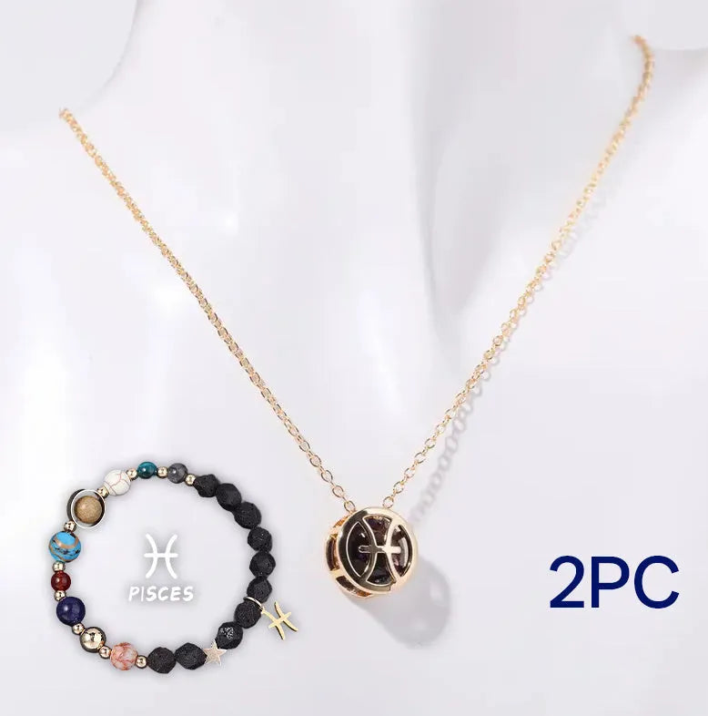 Natural stone beaded necklace and matching bracelet set laid flat, showing one of twelve available style variations.