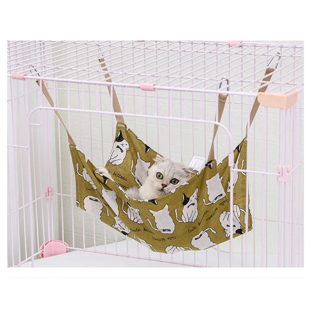 Yellow multicolour cotton linen cat hammock bed with hanging hook, measuring 47cm square.