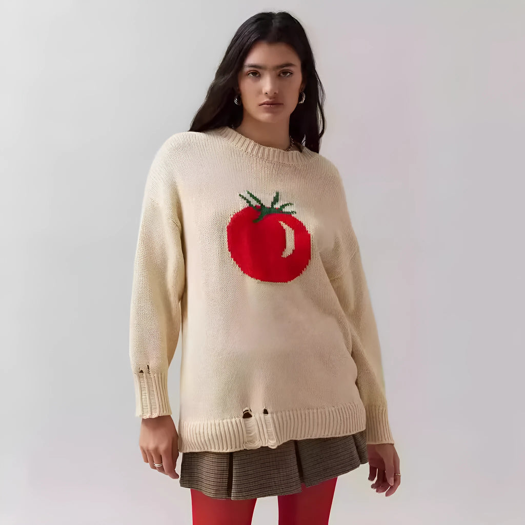 Women's milky white beige acrylic jacquard pullover sweater with round neck and long sleeves