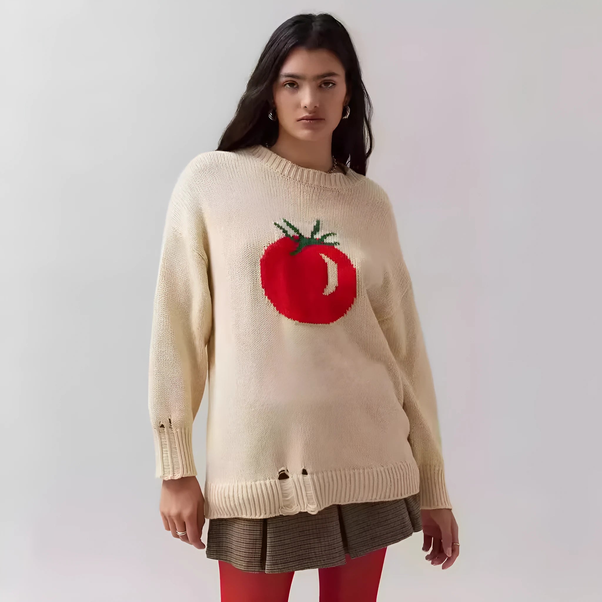 Women's milky white beige acrylic jacquard pullover sweater with round neck and long sleeves