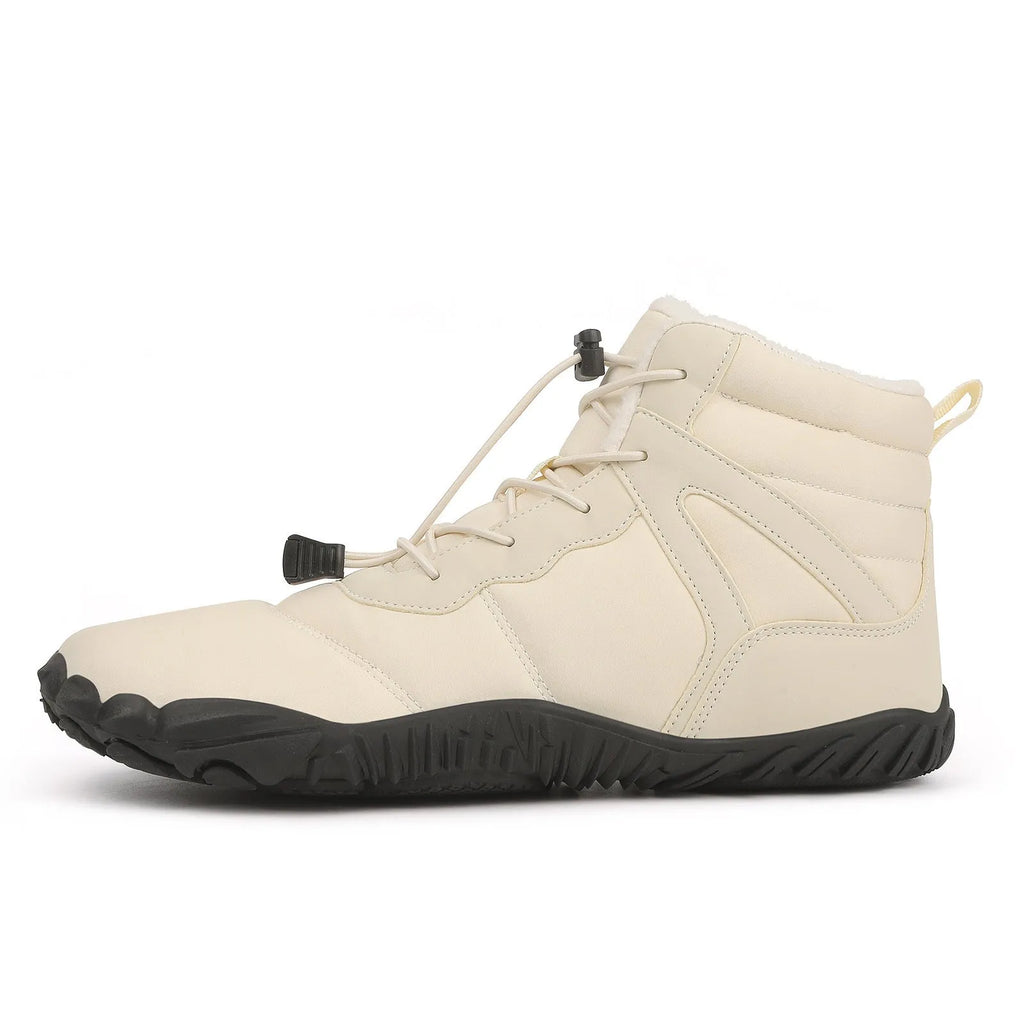 Five-finger waterproof fleece-lined hiking boots in beige, grey, black, or wine red with a rubber sole.