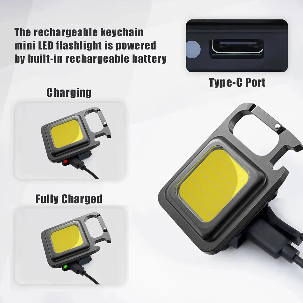 Mini portable COB keychain flashlight with USB recharge, 400 lumens, and built-in bottle opener