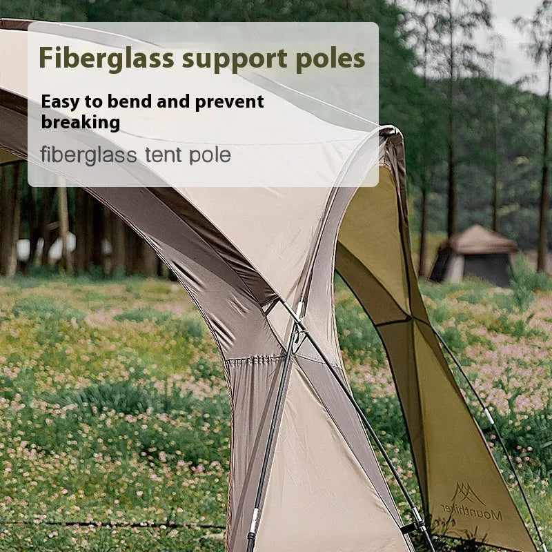 Outdoor dome canopy sunshade with ventilation, dimensions 410 cm by 230 cm, suitable for campsite use.
