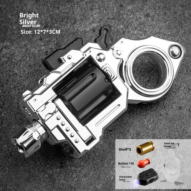 Alloy toy gun with soft bullet ring in Bright Silver finish, compact design, gift box packaging