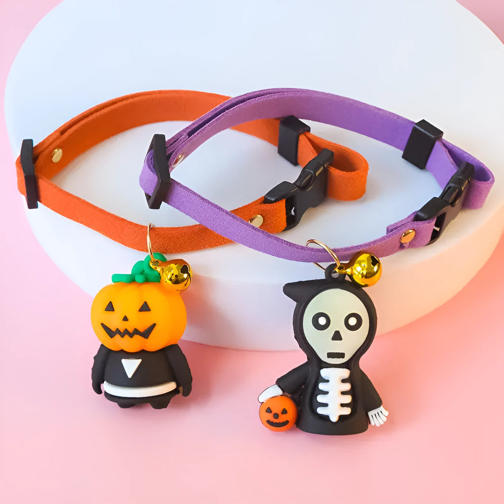 A polyester Halloween dog collar with a cartoon pattern, shown in Pumpkin Man, Luminous Kid, and Luminous Skull designs.