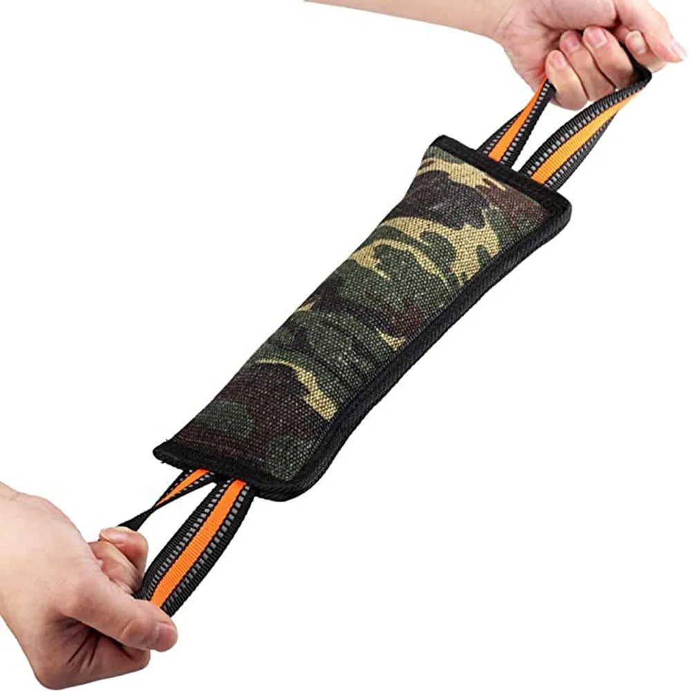 Reflective jute dog bite stick with yellow edge trim measuring 55 cm for training and play