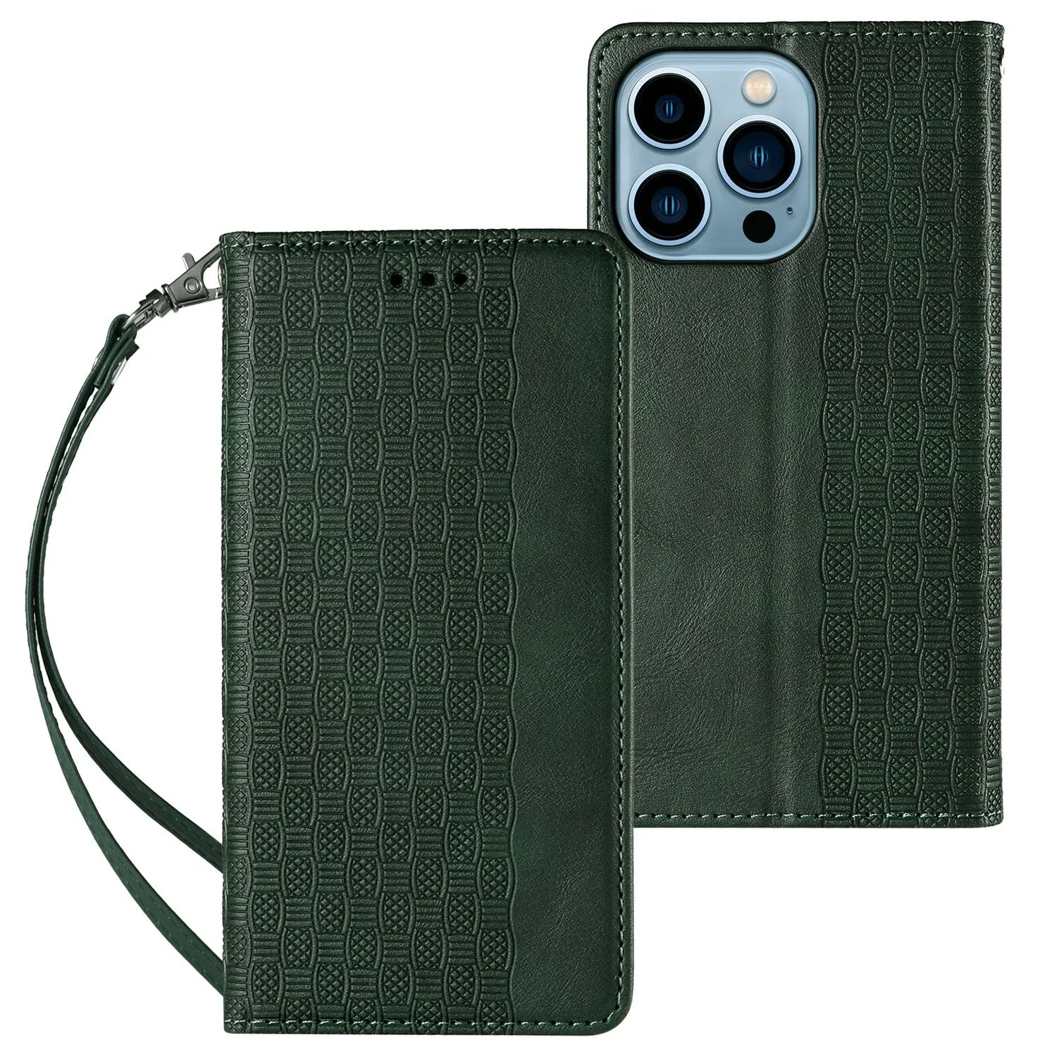 Embossed leather flip phone case for iPhone showing texture detail and flip cover design